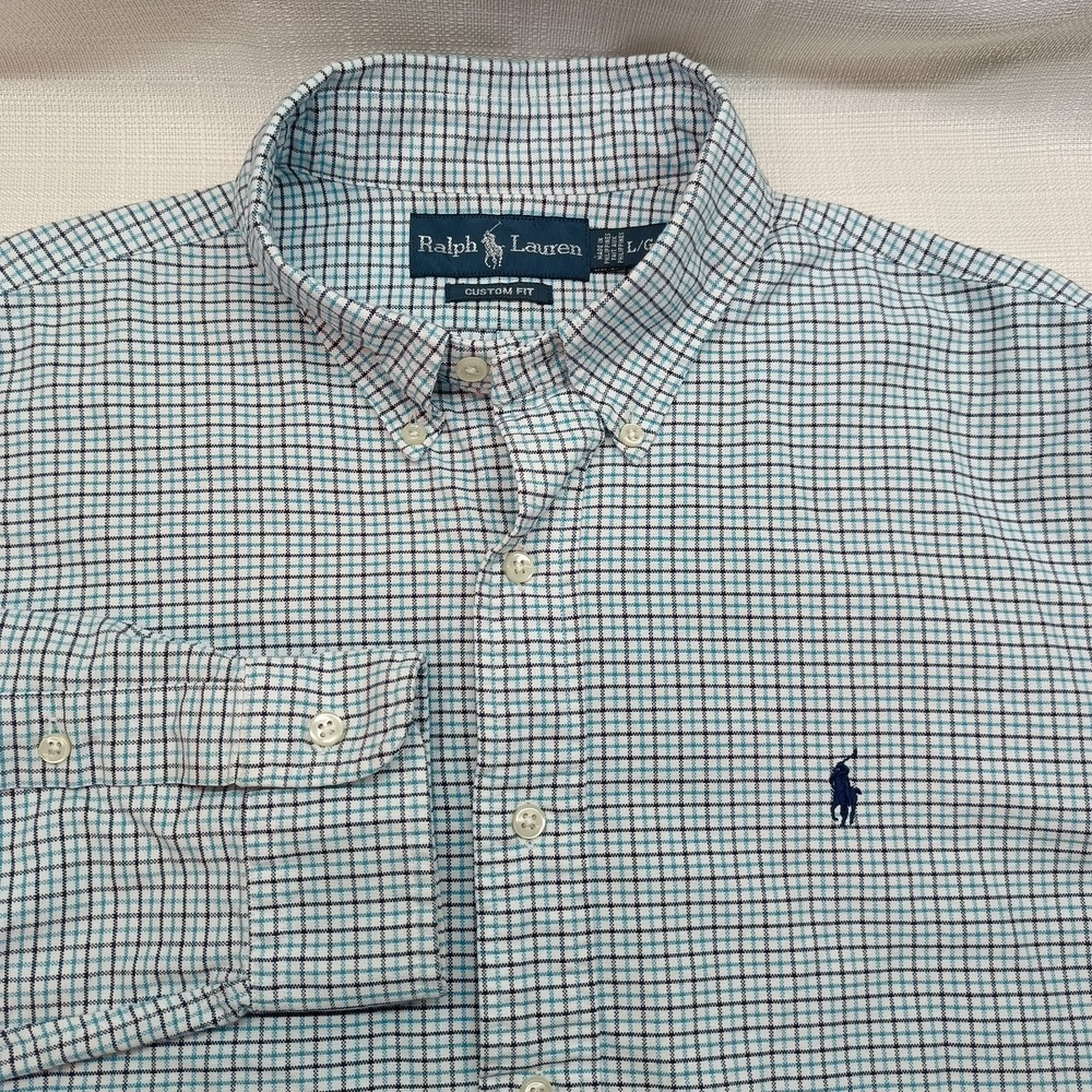 Ralph Lauren Custom Fit Mens L Blue Plaid Embroidered Pony Button Up Shirt